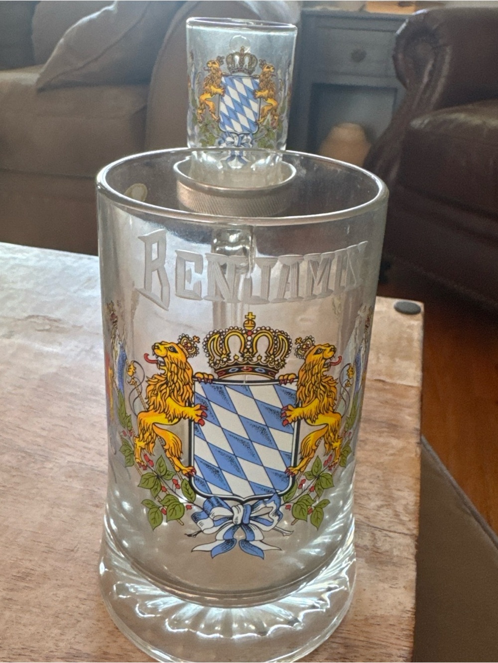 Collectible Bavarian Crest Glass Beer Stein/matching shot glass on attachment